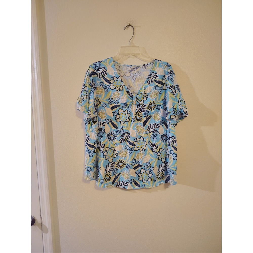 Kim Rogers Curvy Womens 1X Blue Yellow Floral V-Neck Short Sleeve Knit Top